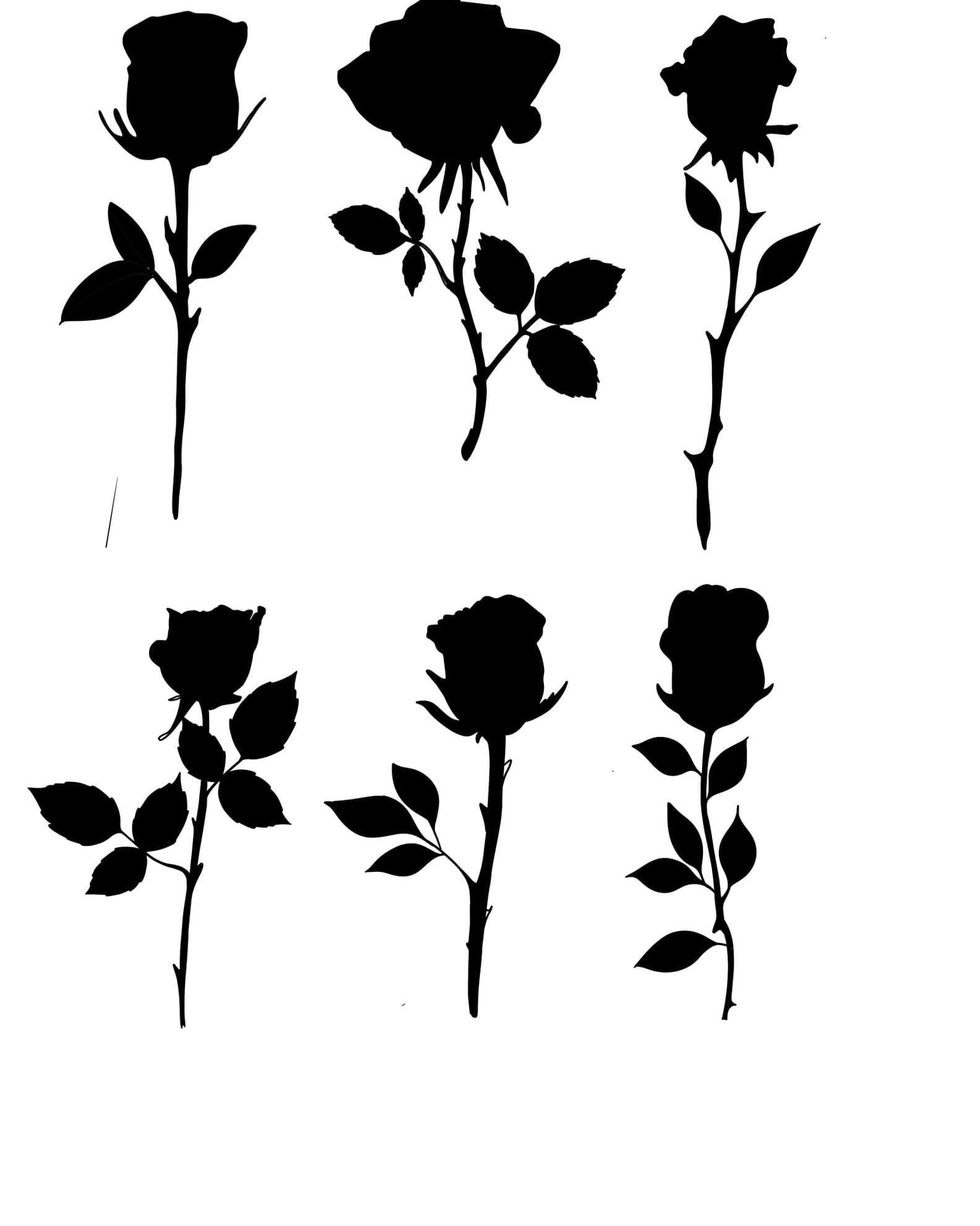 A set of silhouettes of roses with leaves on a white background.