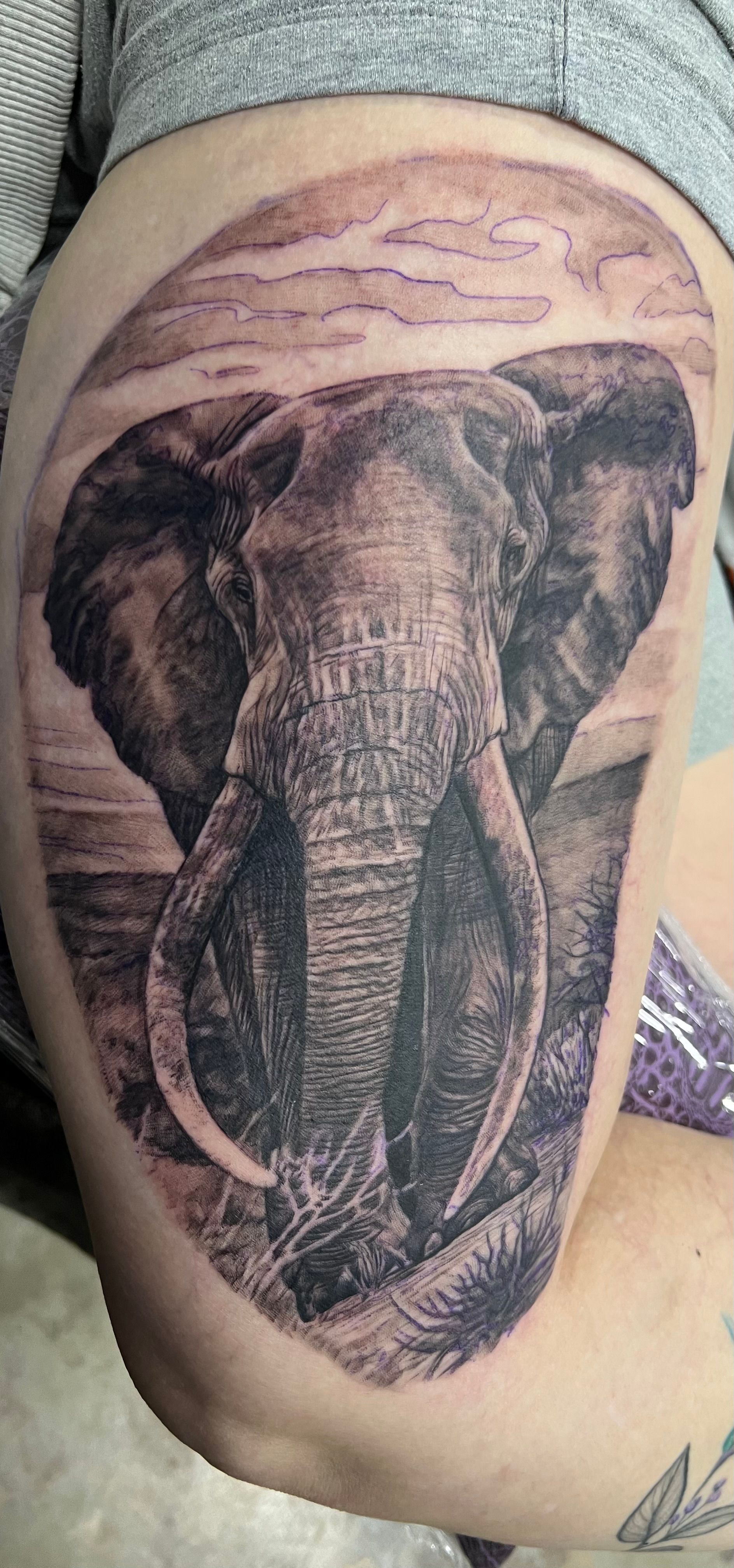 Black and white tattoo of an elephant on an arm, with a sky background and grassy foreground.