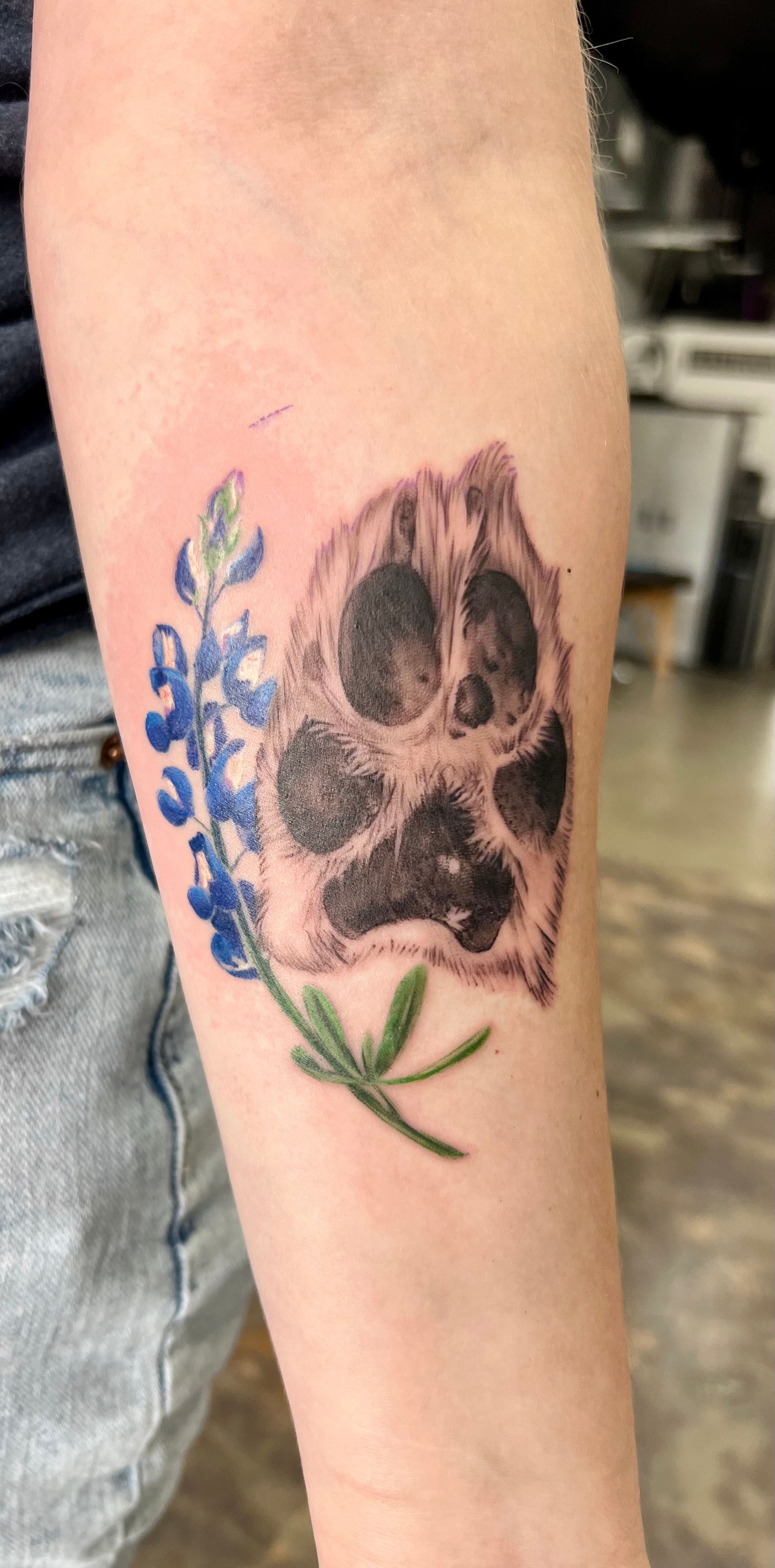 Tattoo of a dog paw print and bluebonnet flower on a person's arm.