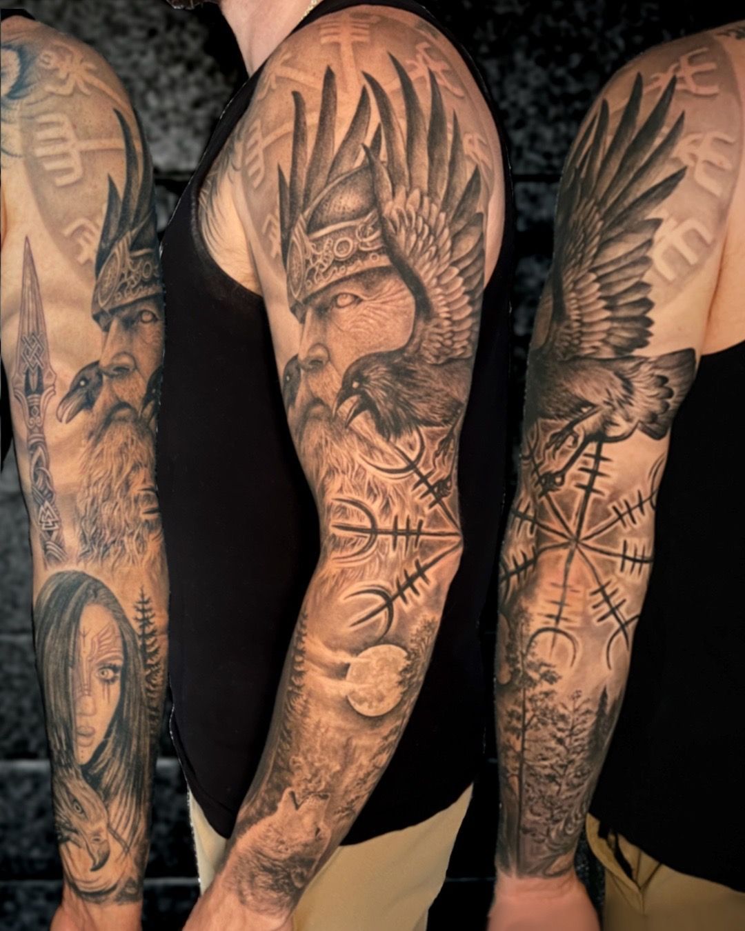 Tattoo of a Viking warrior with an eagle on a man's arm. Features a bearded face, helmet, and runes.