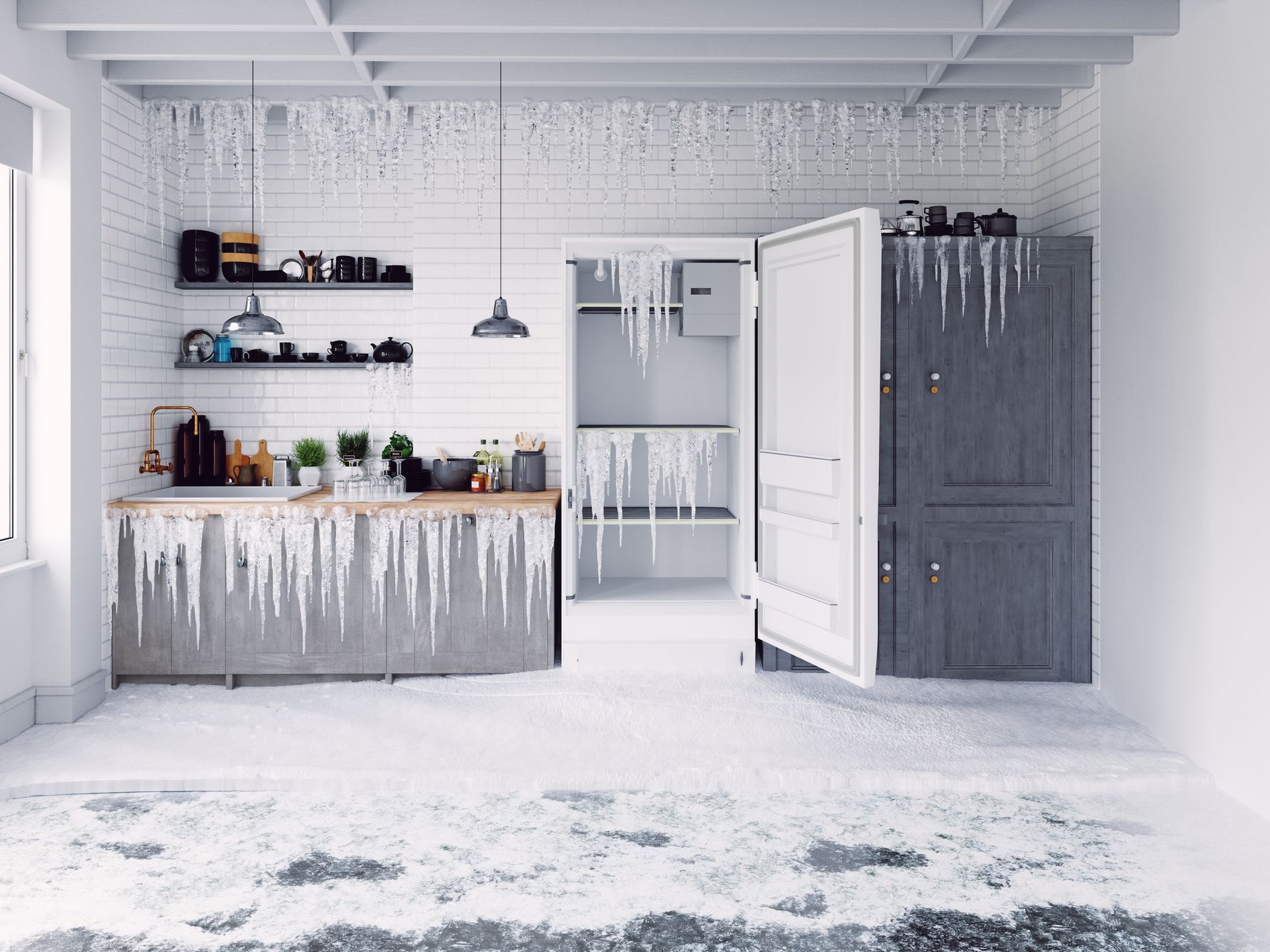 Open door fridge and frozen kitchen.