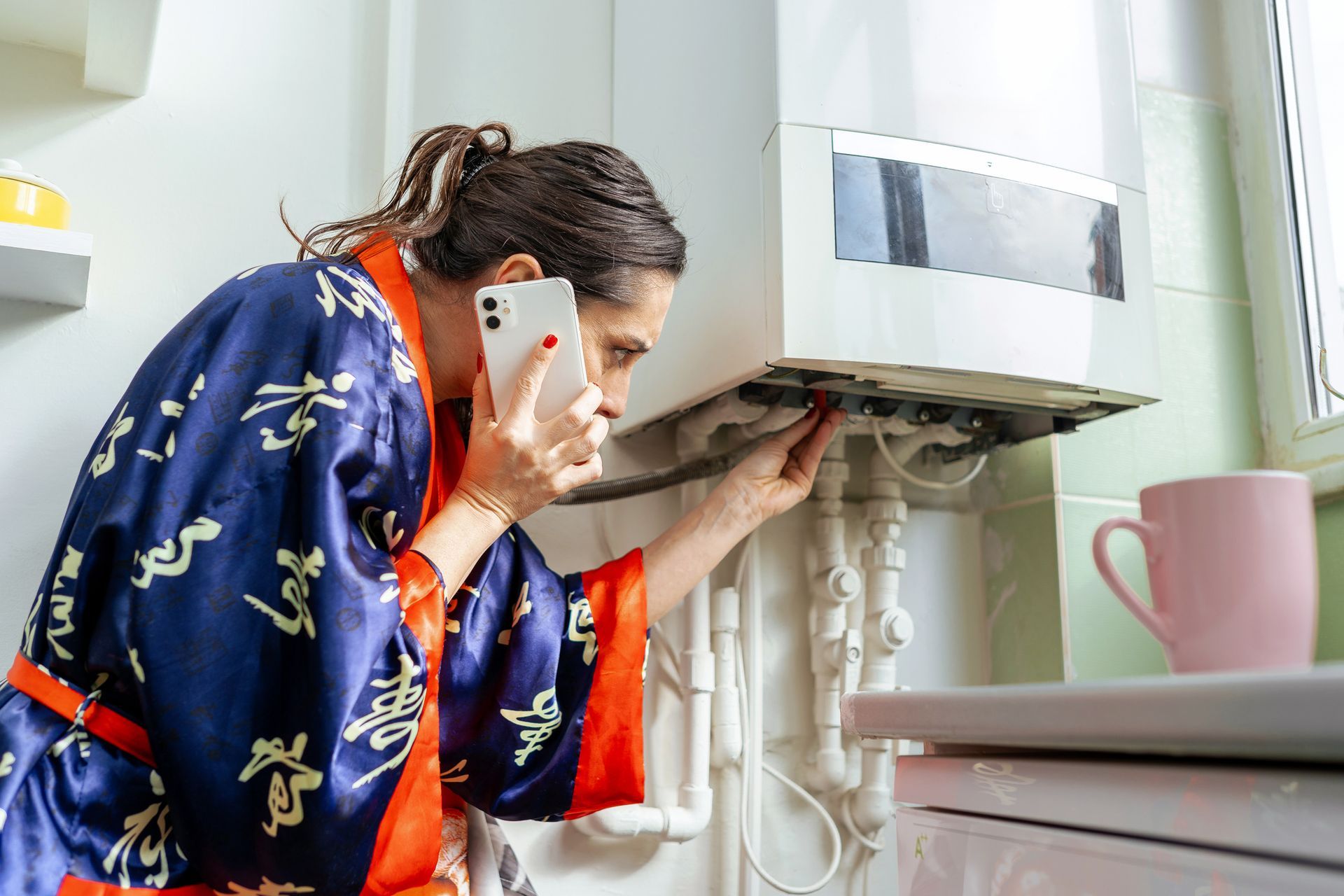 Woman on a phone explaining furnace issues in a Tomball, Texas home.