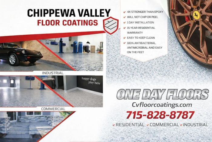 Image showing Chippewa Valley Floor Coatings One Day Floors system, using concrete floor coatings. You can see an image of industrial floor coatings, commercial floor coatings, and residential floor coatings. 