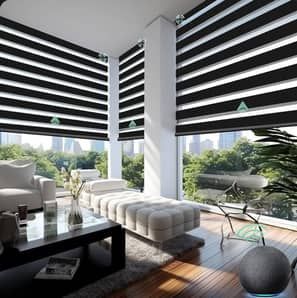 A living room with black and white striped blinds halfway open and a large window overlooking downtown.
