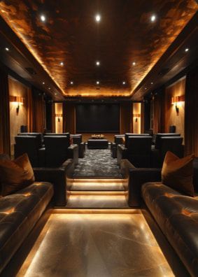 A brown-themed home theater with dimmed lights, a large screen and lots of seats