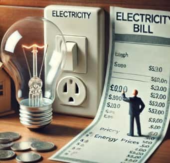 A man is standing on top of an electricity bill next to a light bulb illustrating energy savings.