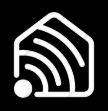A white icon of a house with a wifi signal coming out of it.