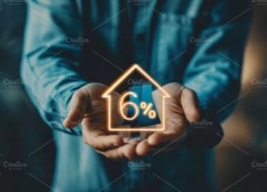 A person is holding a house with an arrow pointing up illustrating an increase in property value.