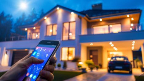 A person is holding a smartphone in front of a house that has all the lights on at night and using it as a control