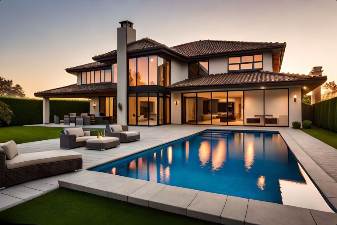 A large house with a large swimming pool in front of it