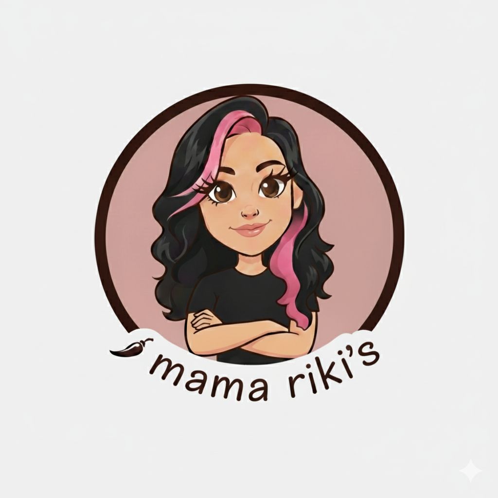 Logo of a woman with dark hair and pink highlights, arms crossed, inside a brown circle, 