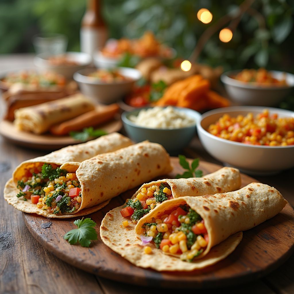 Burritos, sides, and toppings on a wooden board; outdoor setting.