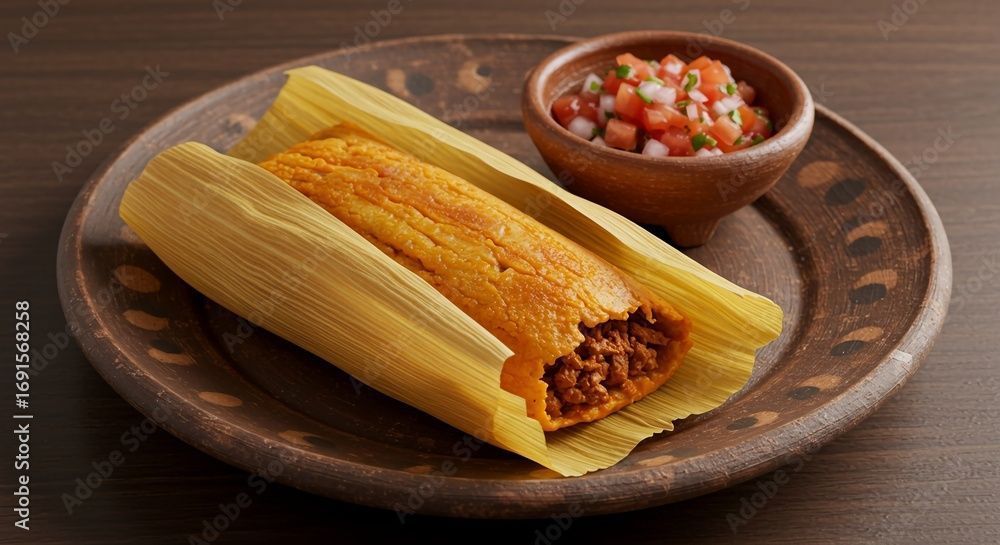 Tamale on a brown plate with salsa in a small bowl.