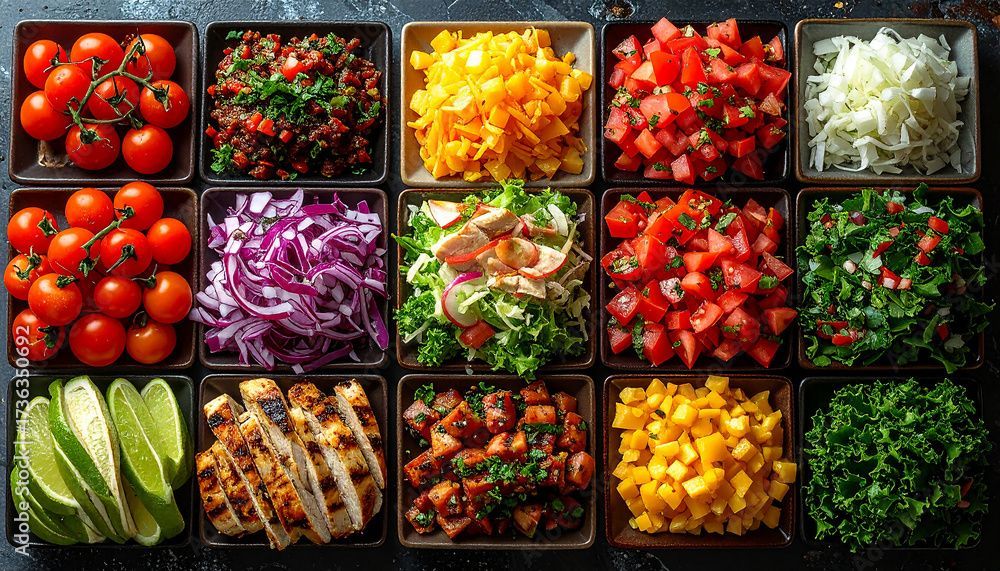 Overhead shot of a tray with 15 square compartments filled with colorful ingredients for a meal, including tomatoes, chopped vegetables, and meat.