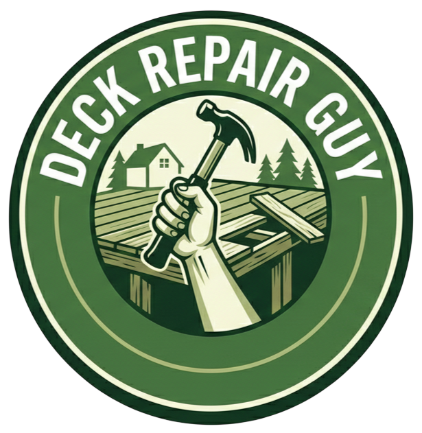 Deck Repair Guy logo: hand hammering deck; house and trees in the background, green circle design.