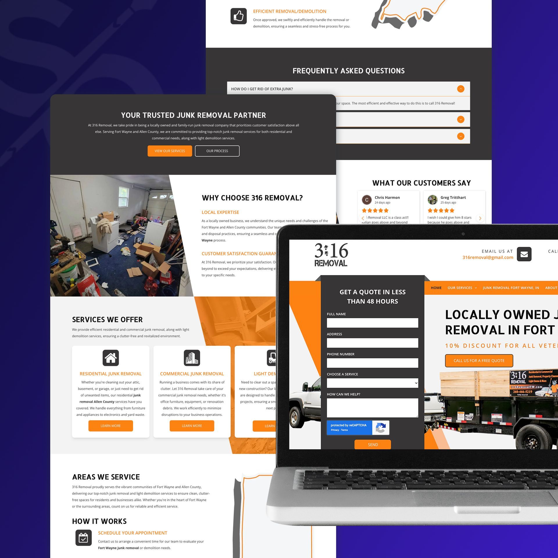 Website mockups of 3:16 Removal in Fort Worth, showing website design on laptop and mobile screens, orange accent color.