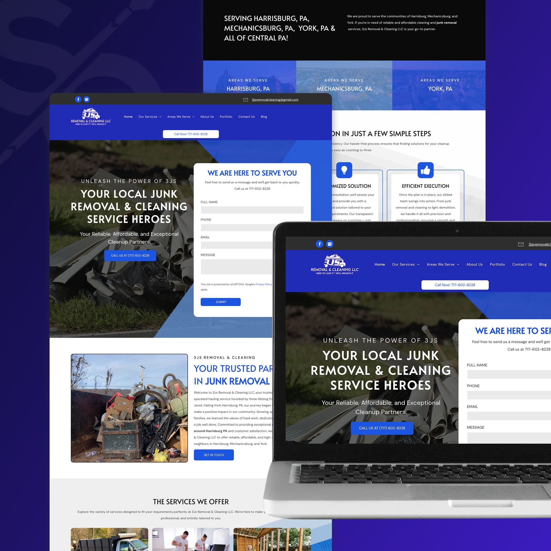 A website showcasing a junk removal and cleaning service, with blue and white color scheme, displayed on multiple devices.