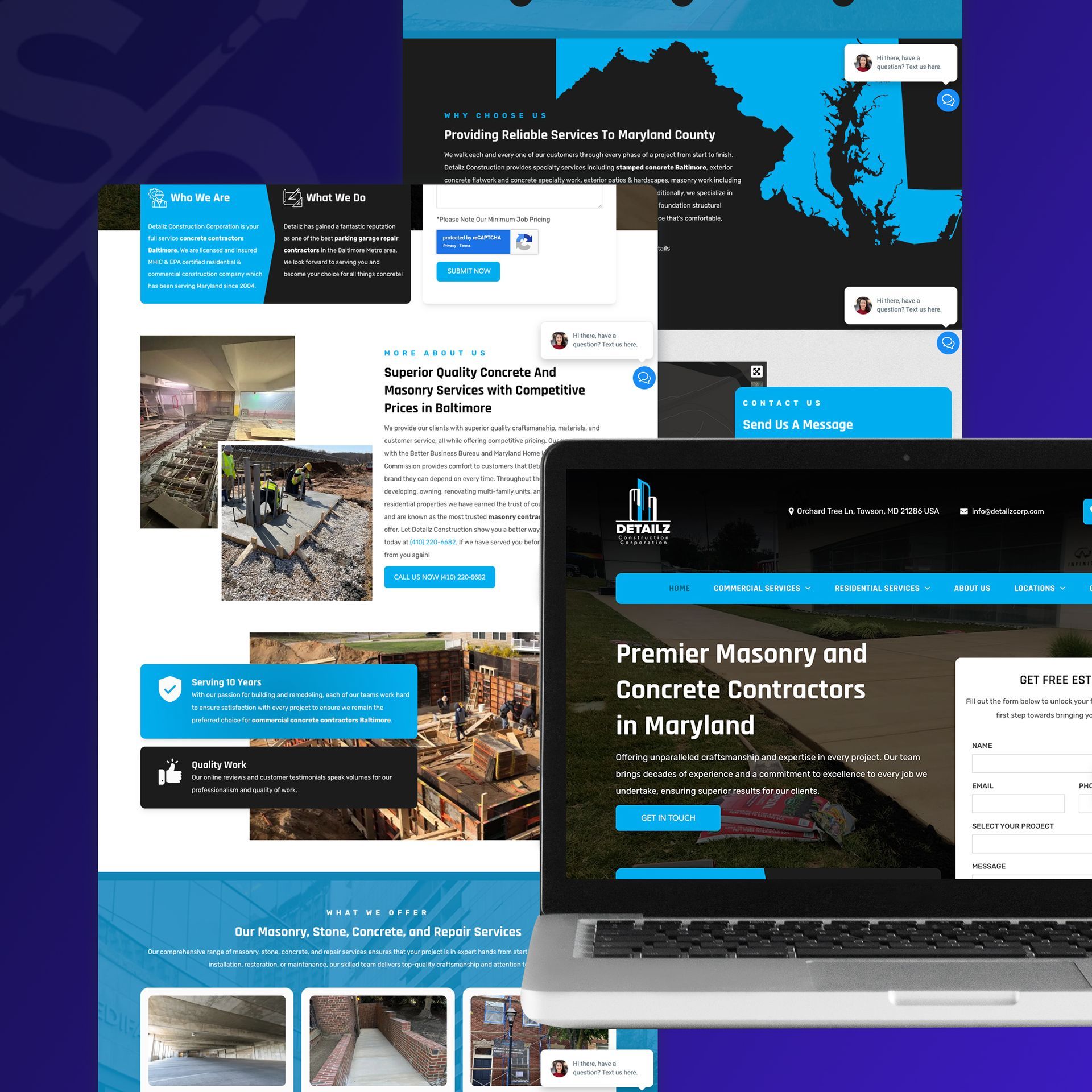 Website mockup: a Maryland masonry contractor's site, showcasing services with blue and black design, on multiple devices.