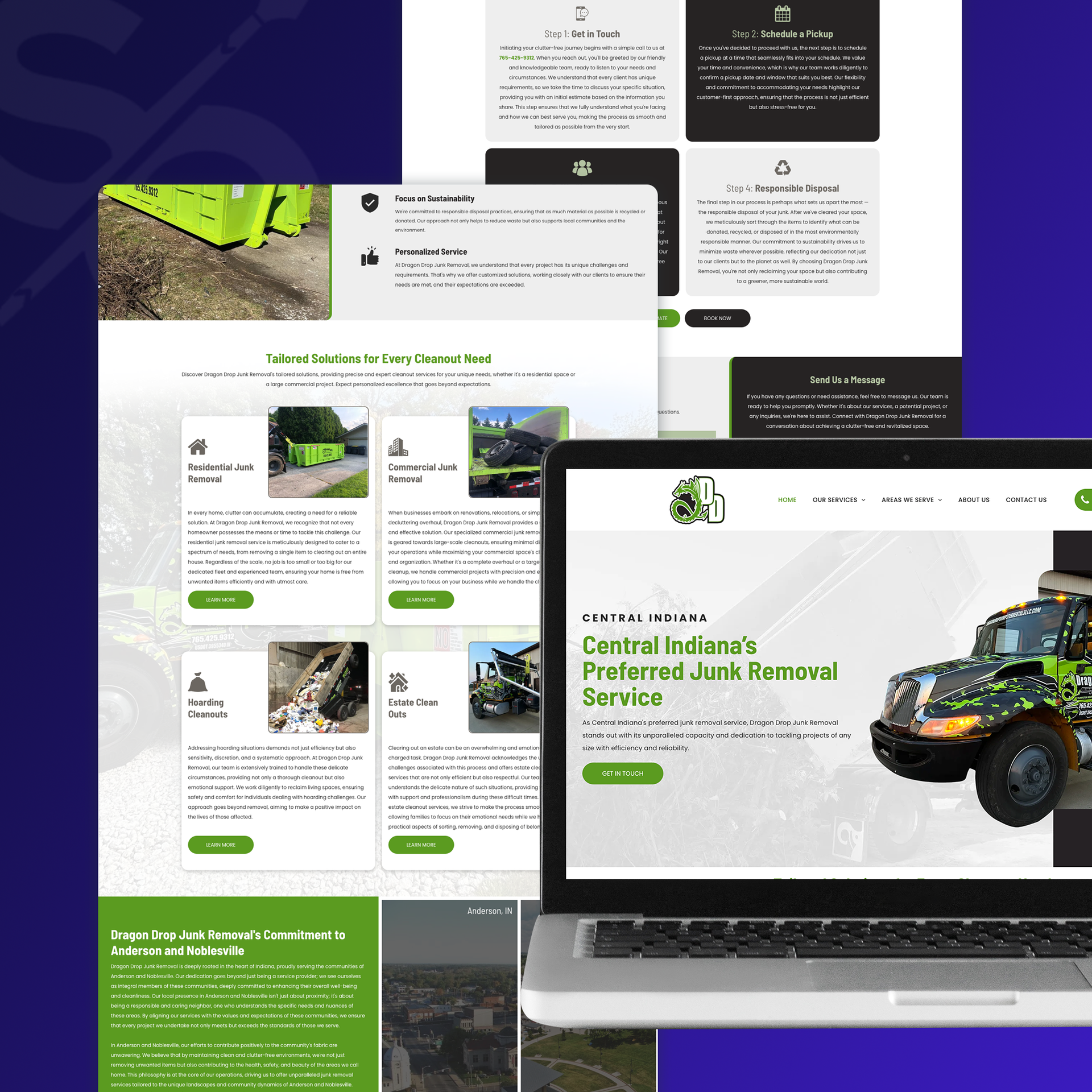 Laptop and two phone screens showcasing a junk removal website, featuring a green truck and information.