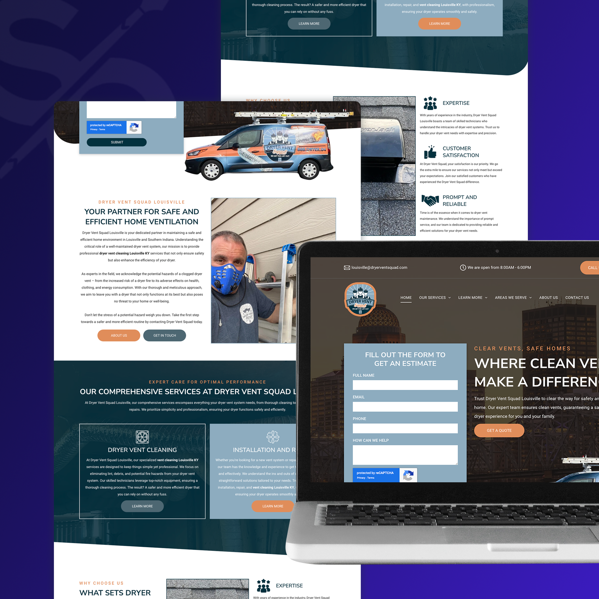 Website mockups on laptop and screen, including text fields, images of roof repairs, and van.