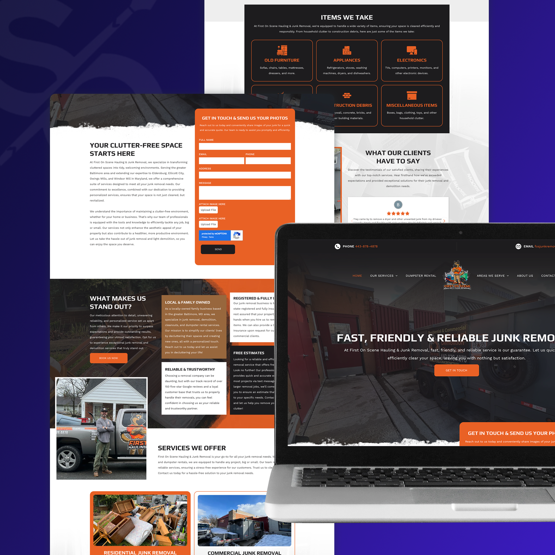 Website mockups for a junk removal service, displayed on a laptop and other screens with orange and brown color scheme.
