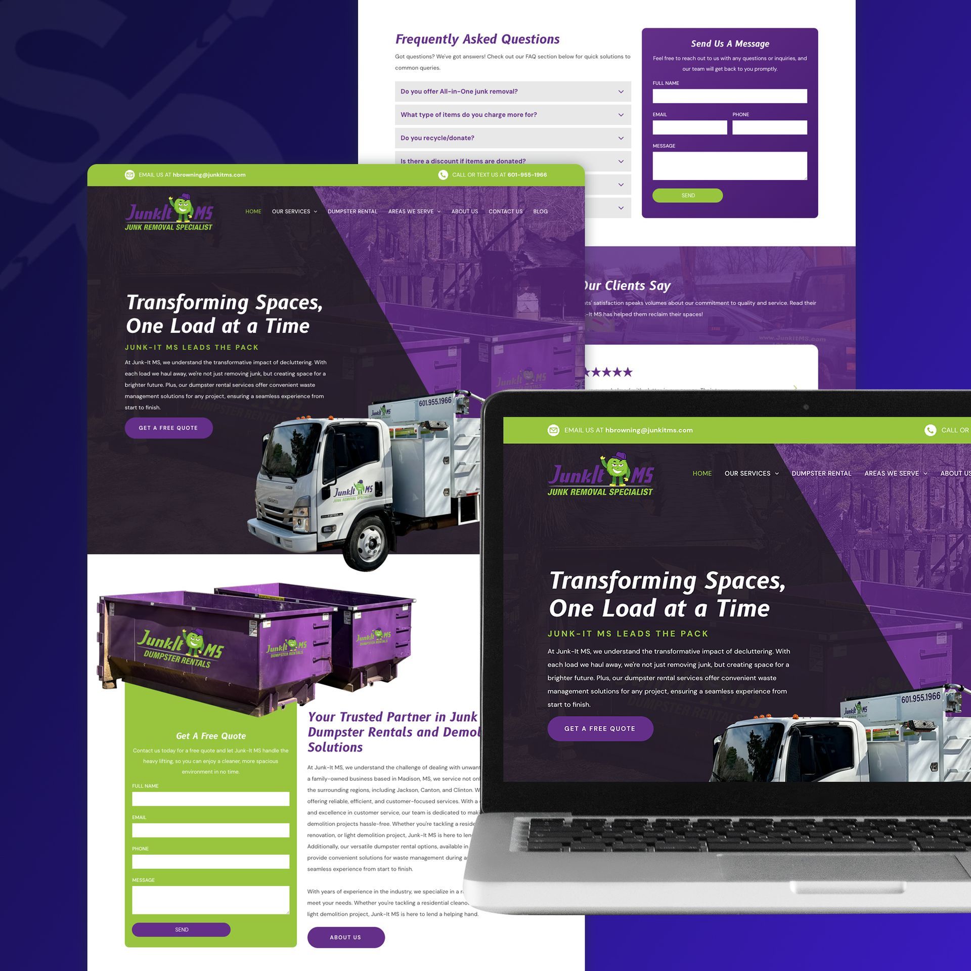 Webpage design showcasing a waste removal service. The color scheme is green and purple.