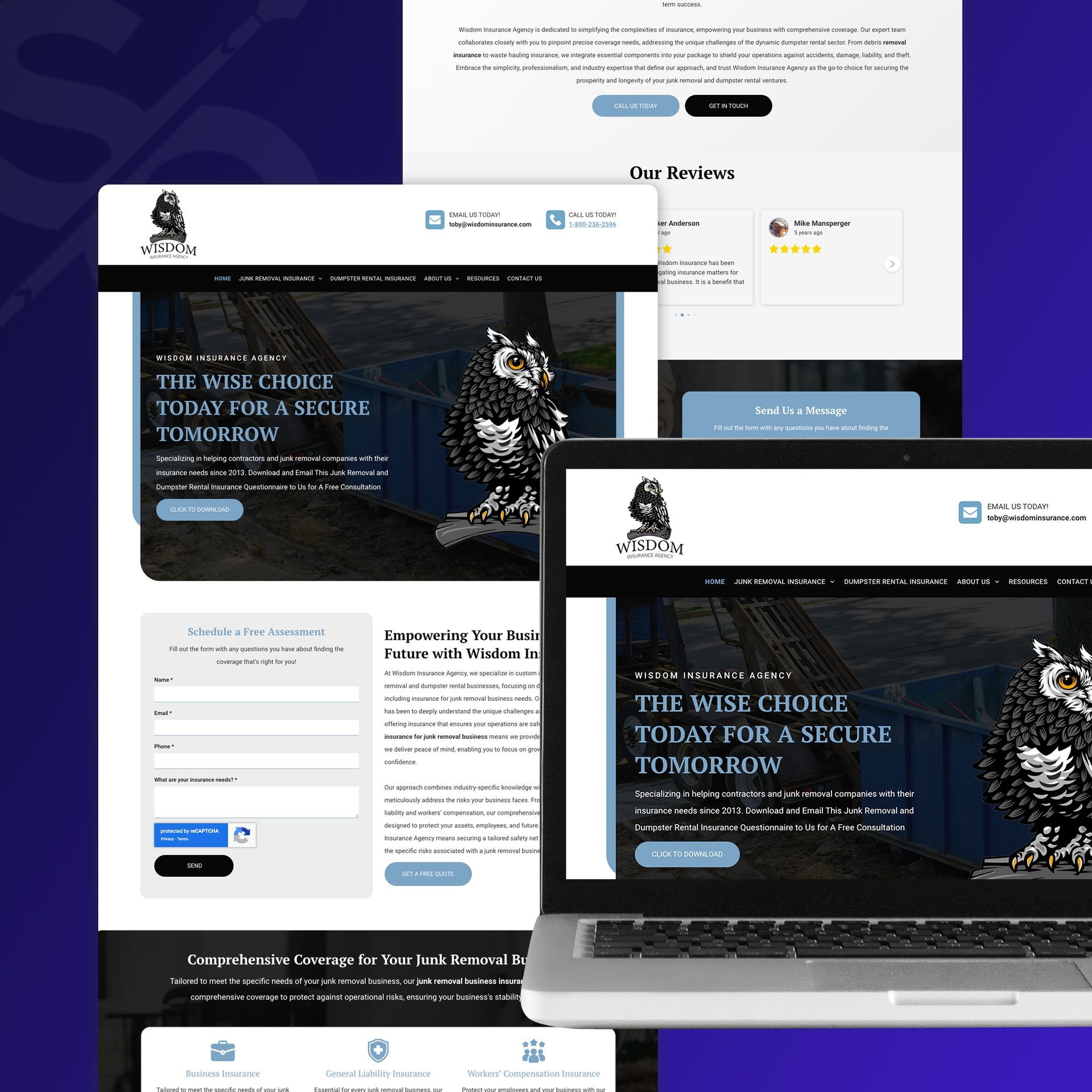 Website design on laptop and other devices featuring an owl logo and blue accents.