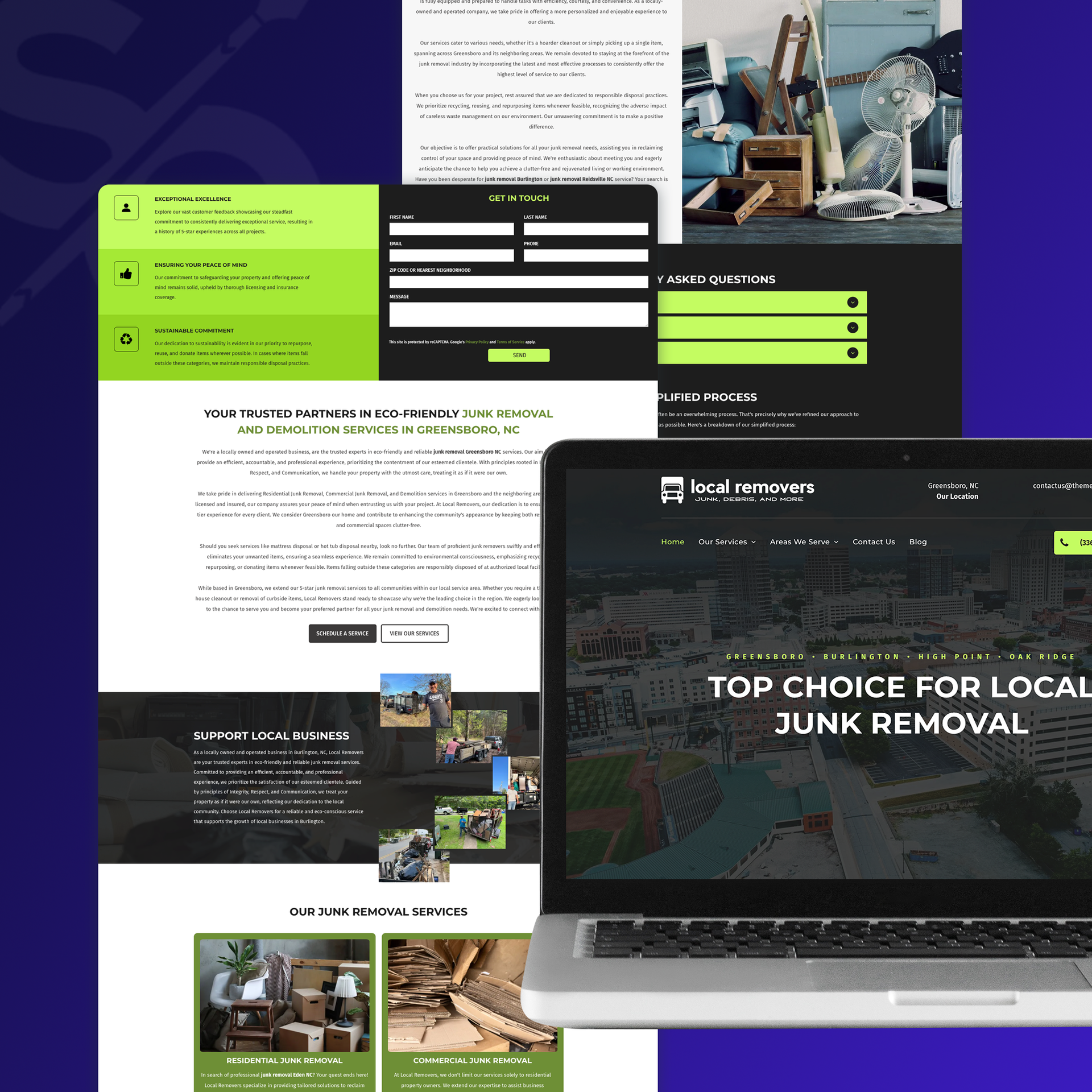 Website design for junk removal services on laptop; green and black elements.