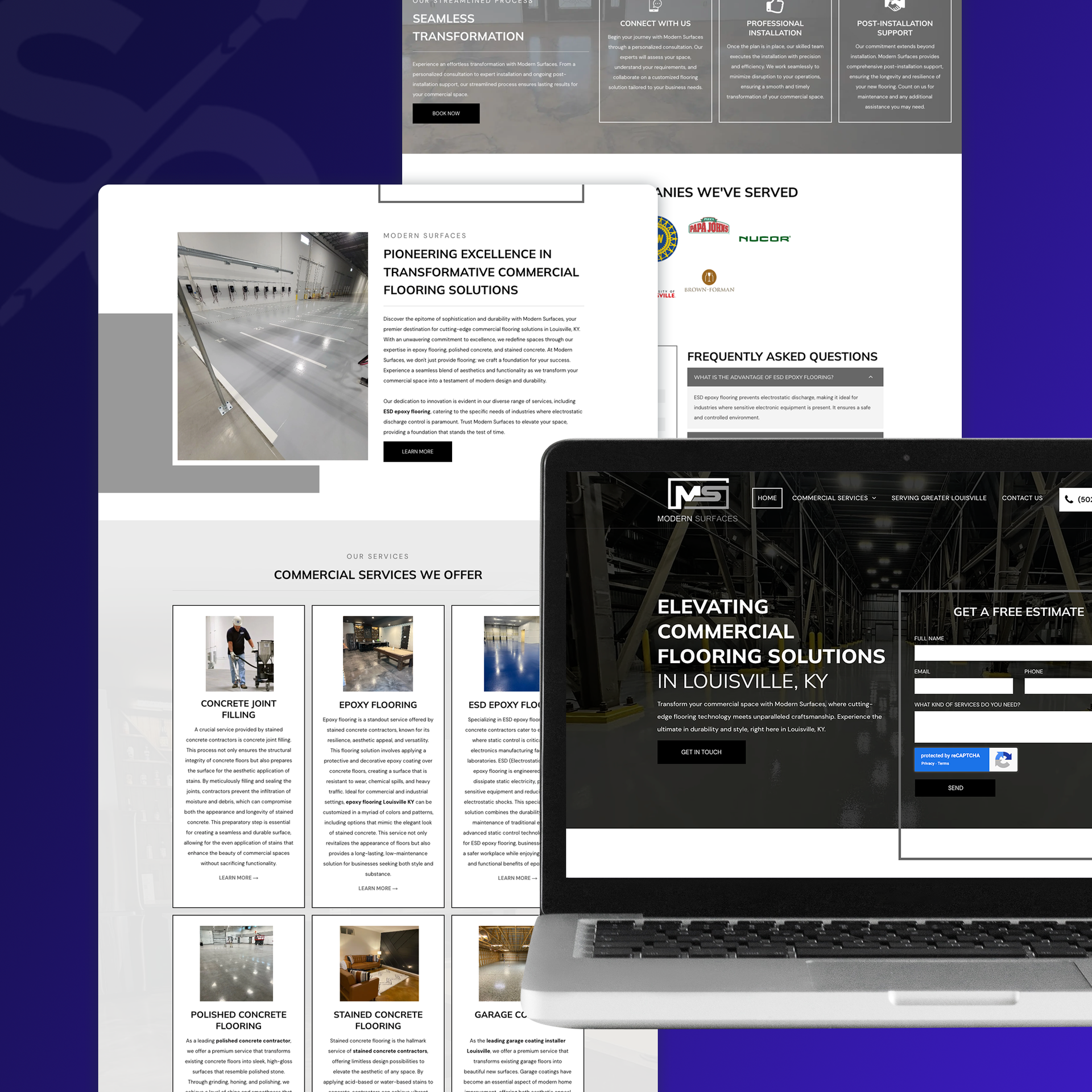 Laptop displaying a website for commercial flooring solutions, with several example images of flooring installations.