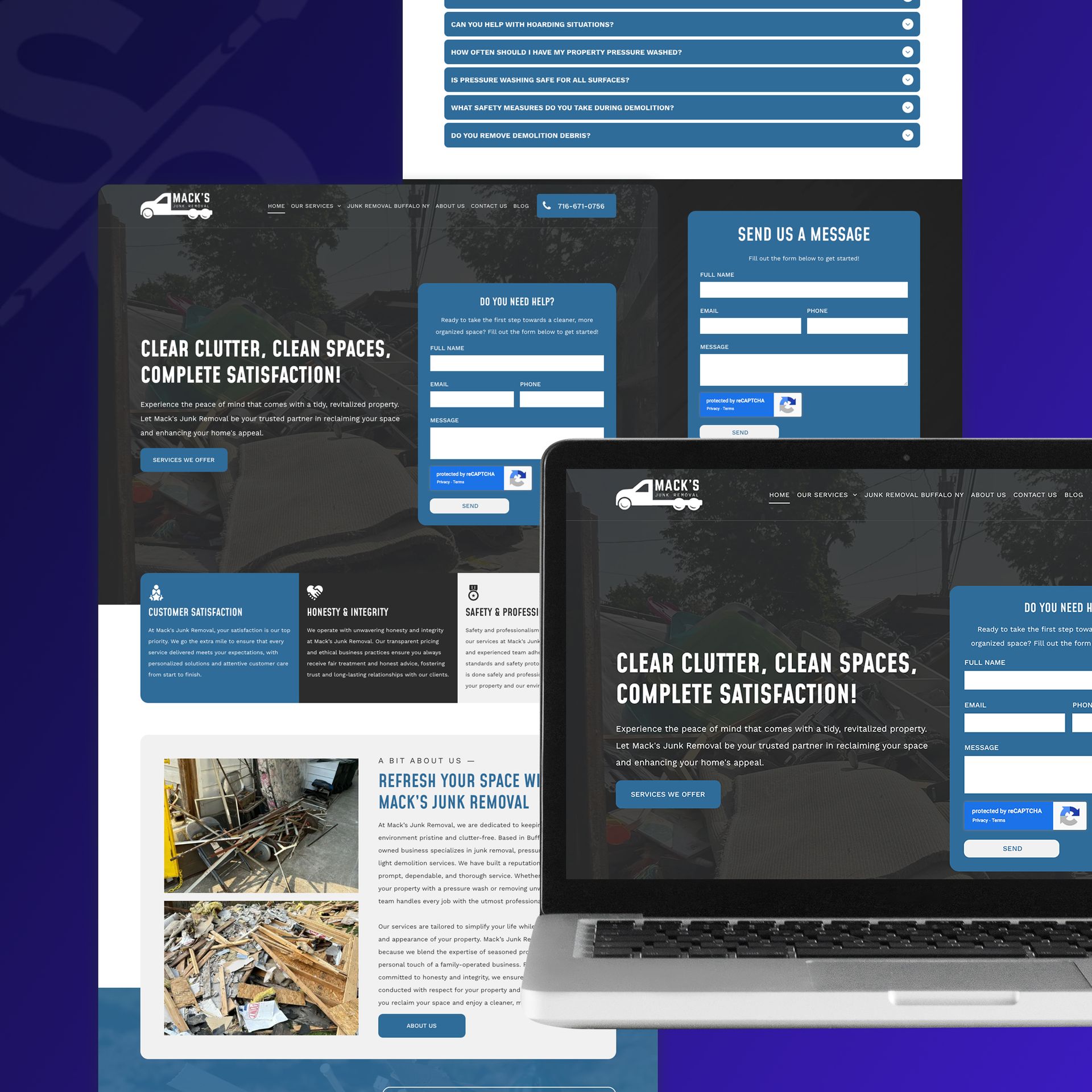 Mockup of a website advertising junk removal services, showing various page layouts on laptop and tablet screens.