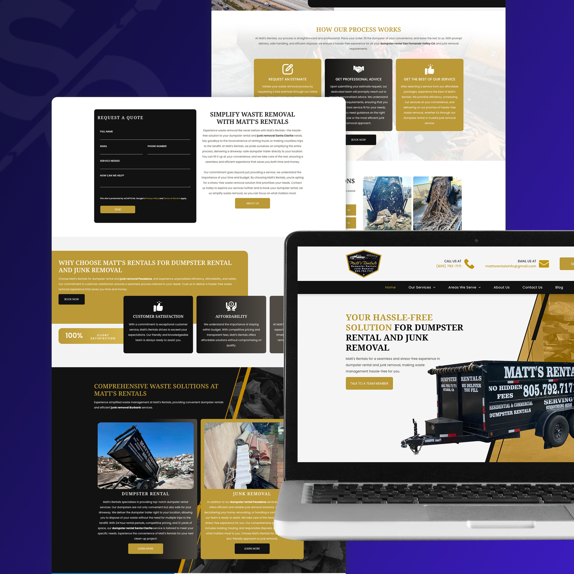 Web design mockups for a dumpster rental business, showing the website's black, gold, and white design.