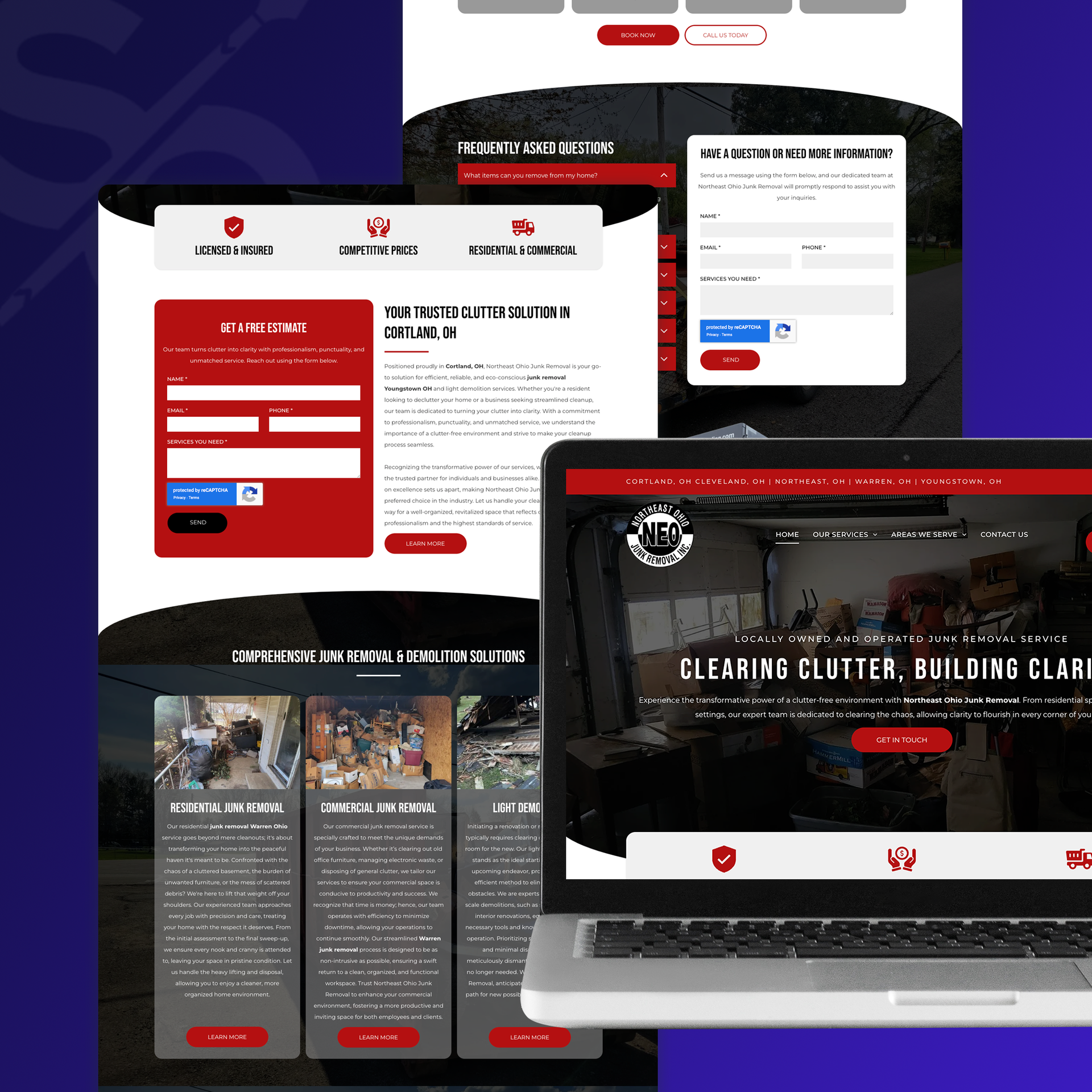 Website design mockups showcasing a company's brand, with a red and white color scheme, on various devices.