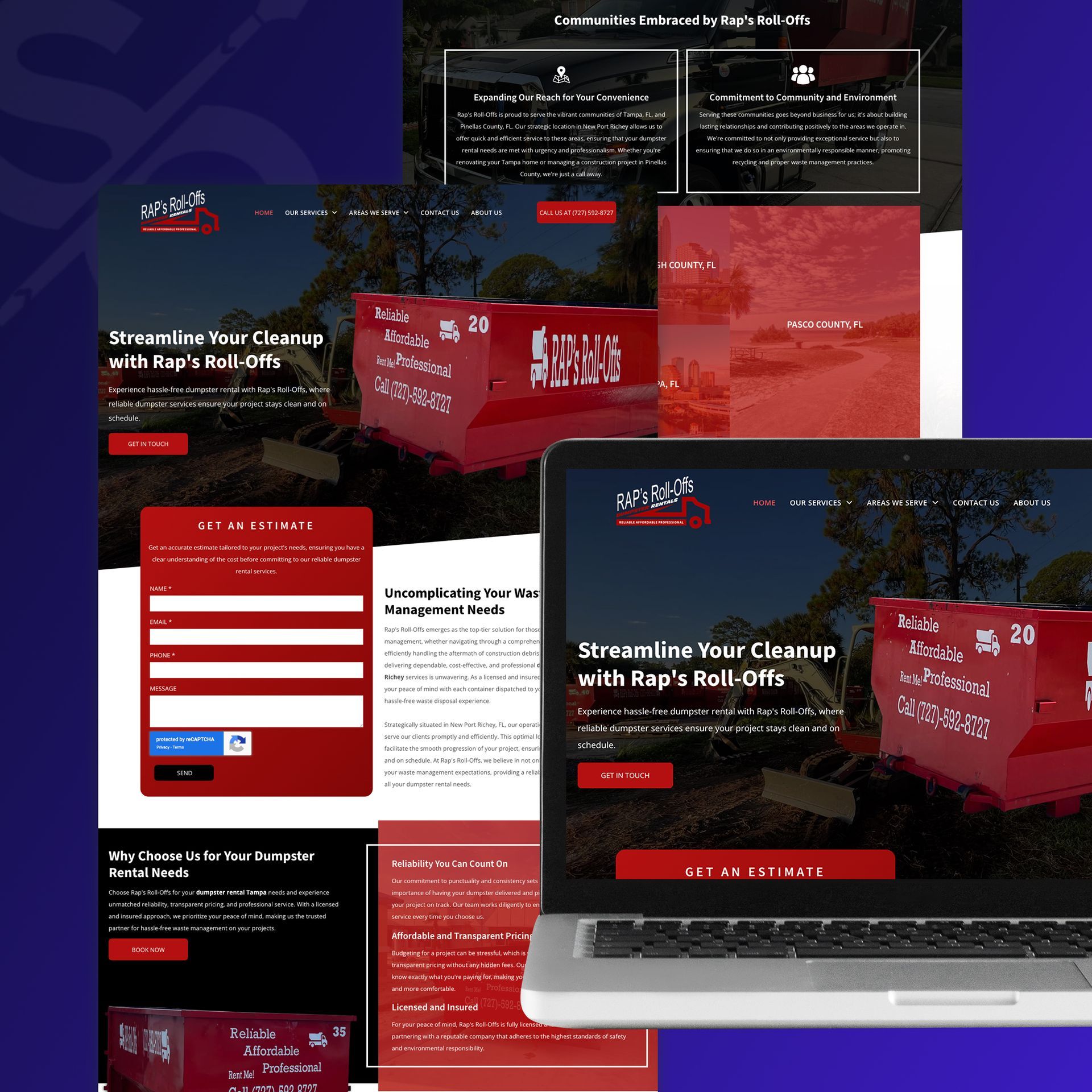 Laptop and website display featuring a red dumpster, promoting