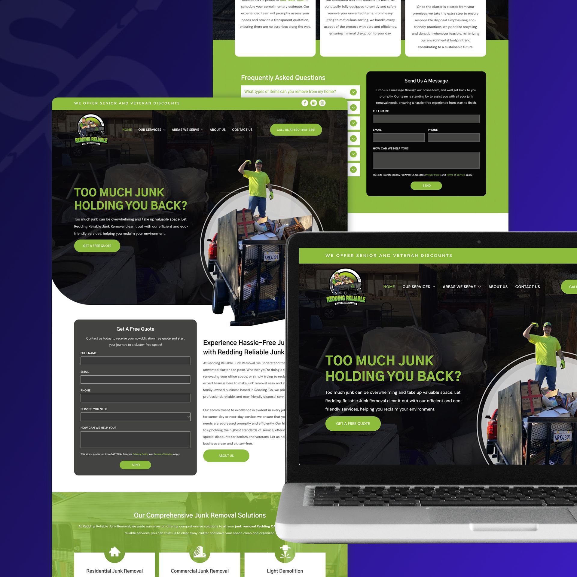 Website mockups for a junk removal service: homepage, contact form, and laptop display with green and black design.