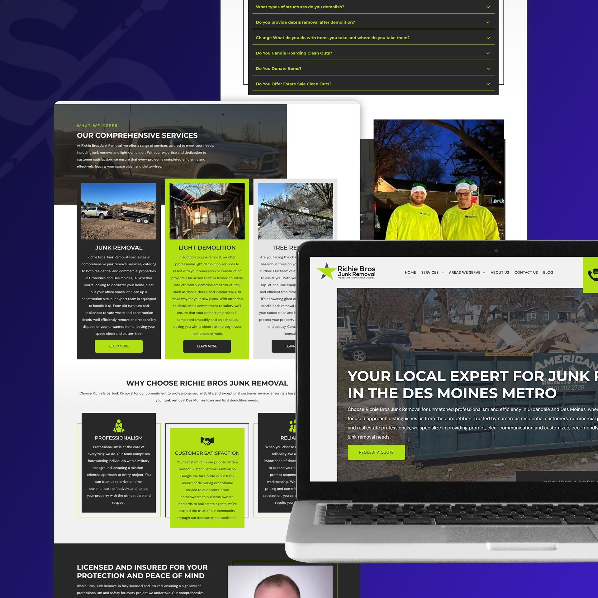 Laptop displaying a website for junk removal in Des Moines Metro. Green and dark color scheme.