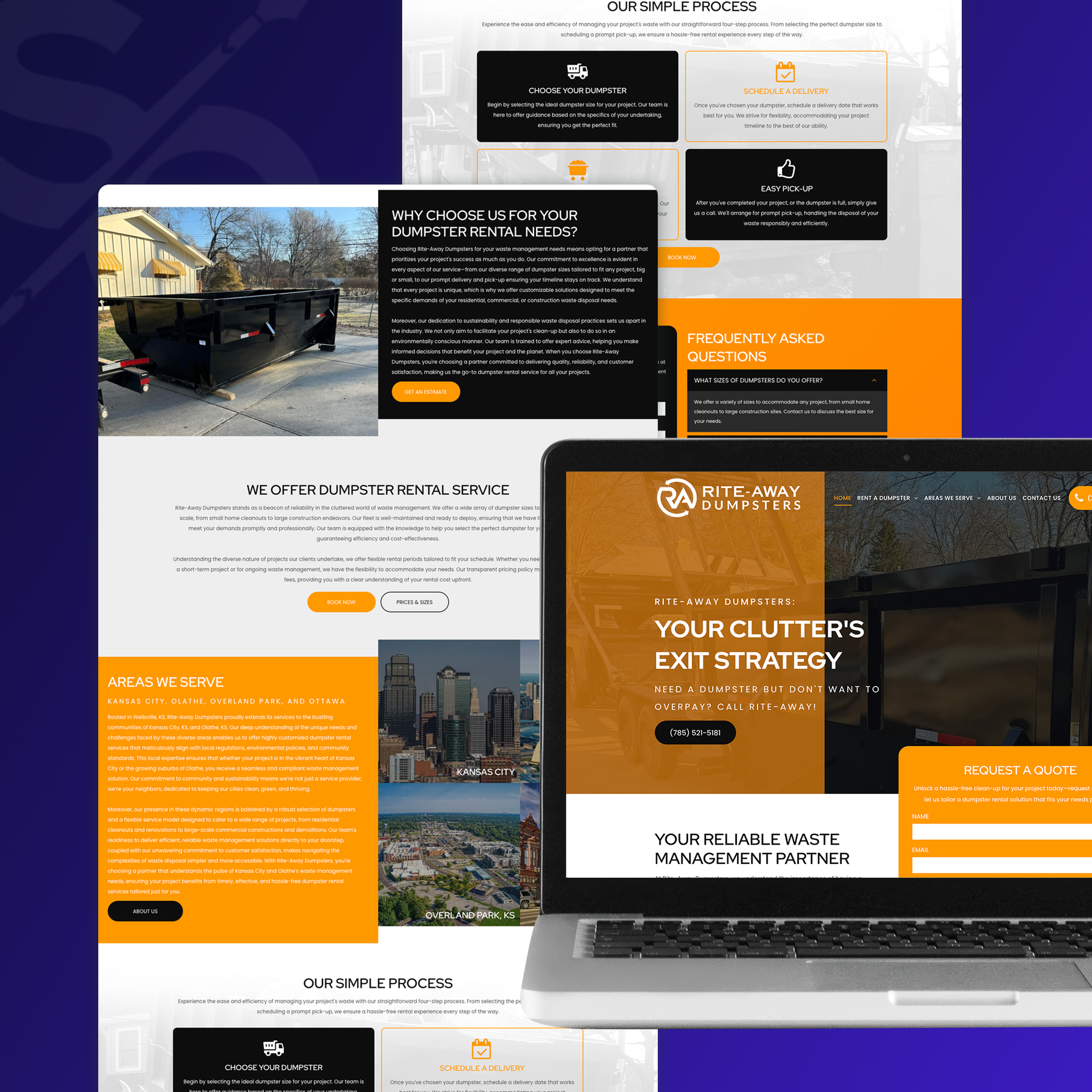 Website mockup with different screen displays, featuring orange and black design elements.