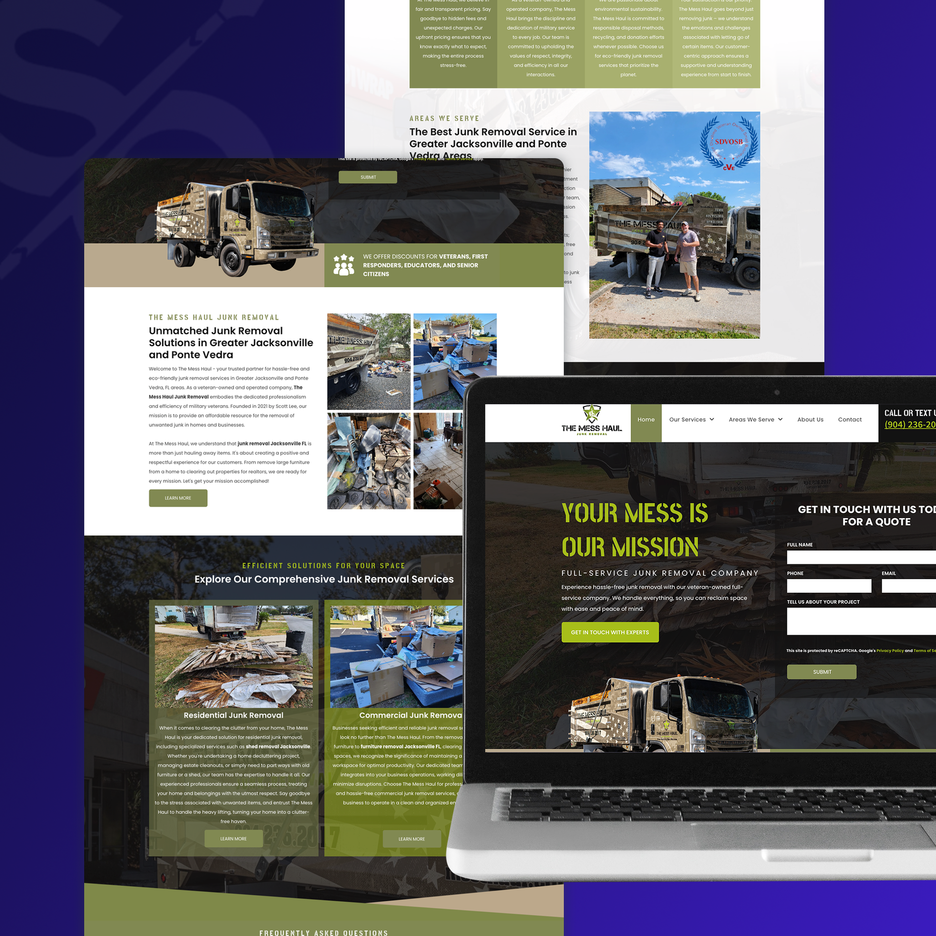 Laptop displaying screenshots of a website for a junk removal service with a truck in camouflage livery.