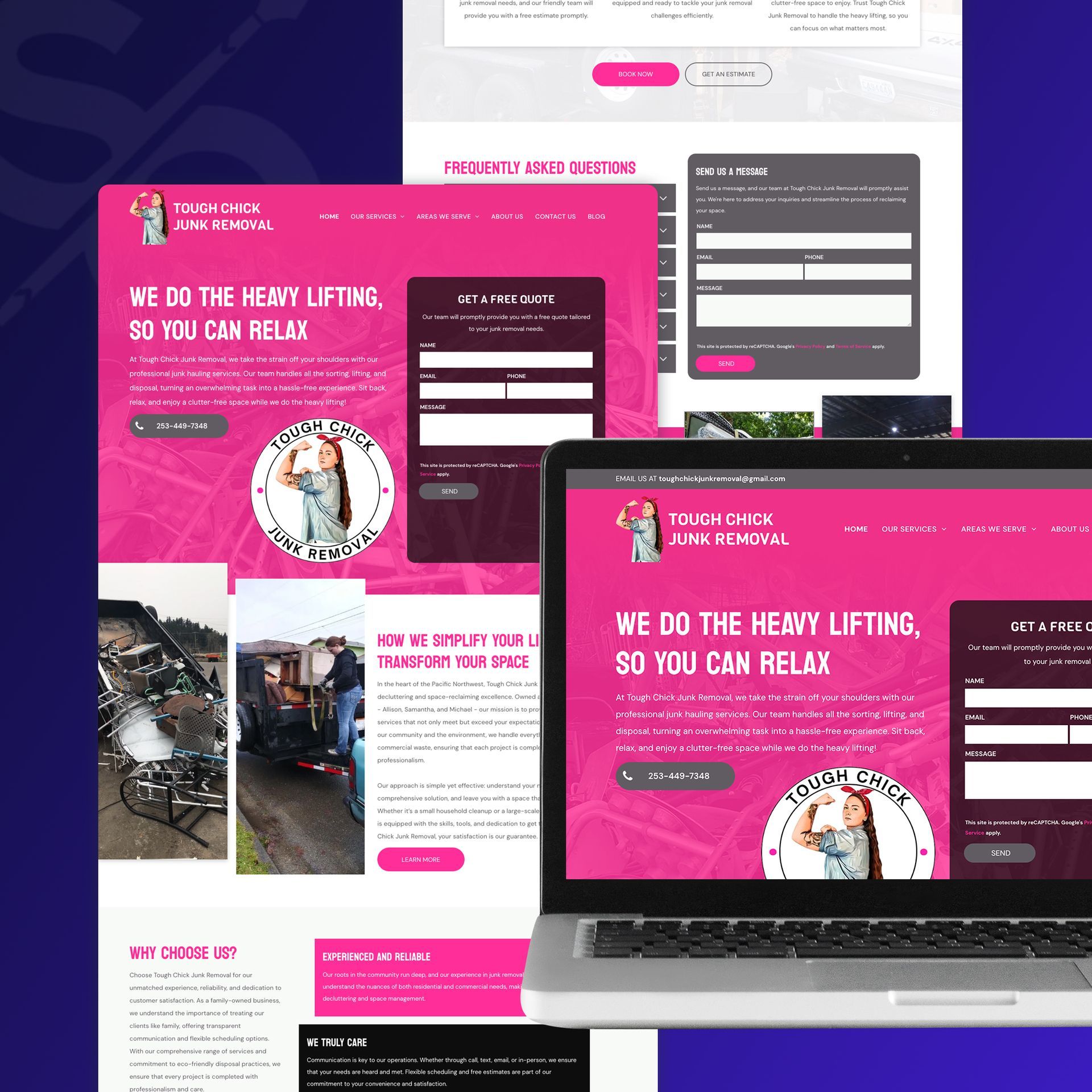 Website mockup with pink and white design. Includes laptop and phone screens. Woman in logo.