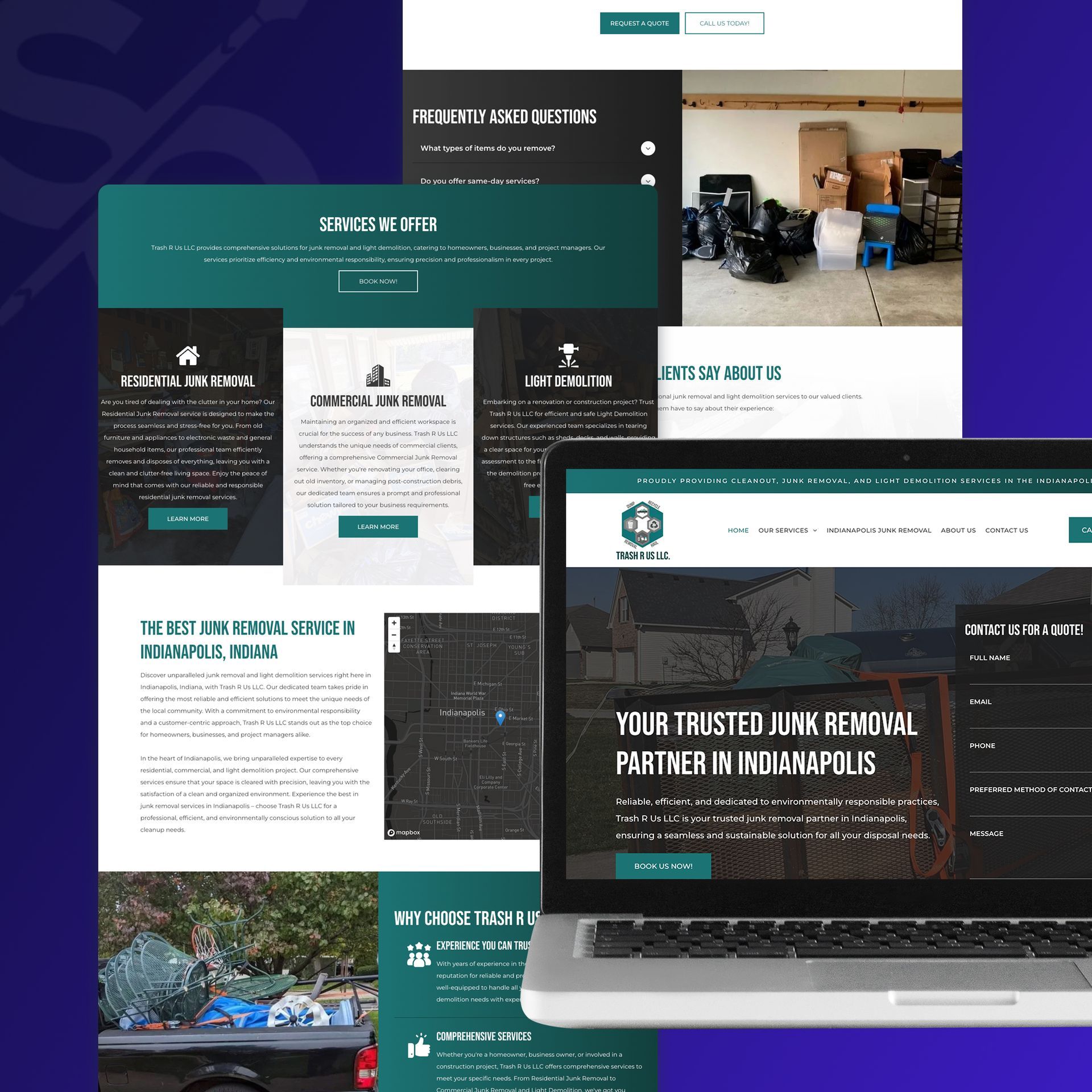 Website mockup: screenshots of a junk removal company website, including photos of a garage and truck.