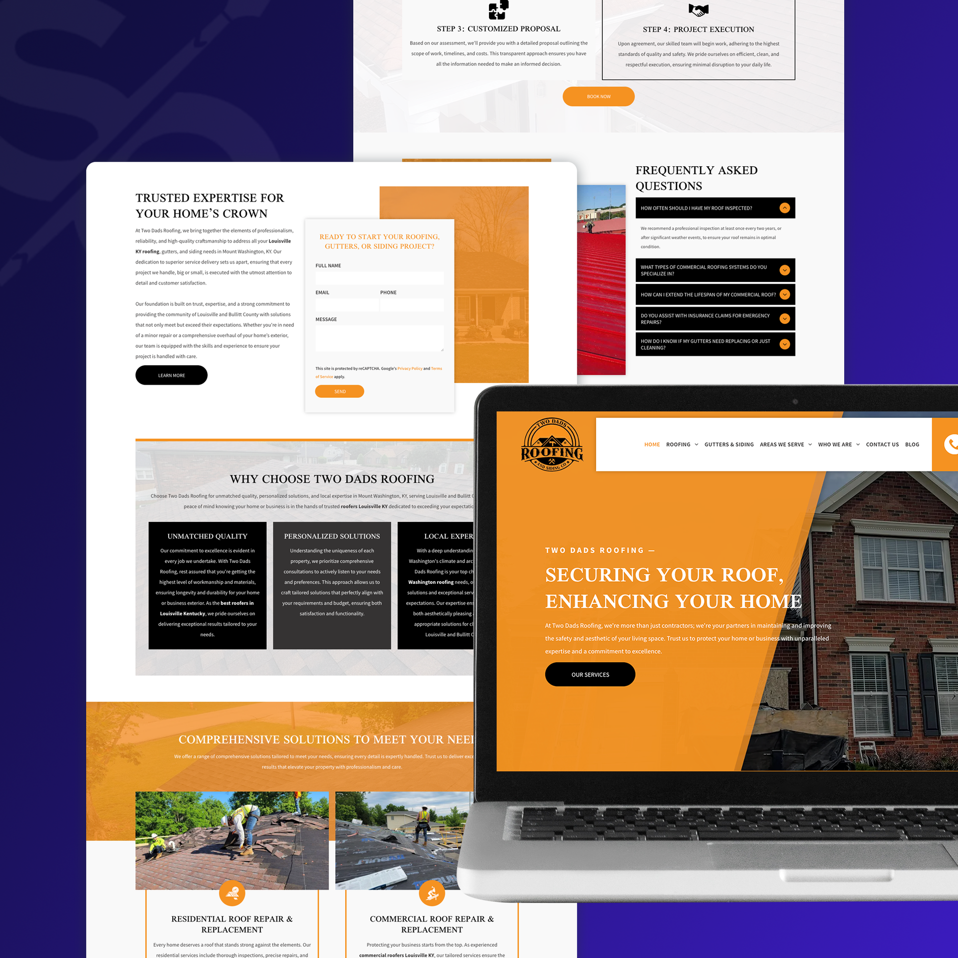 Laptop displaying a roofing company's website, with website pages visible. Orange and white design.
