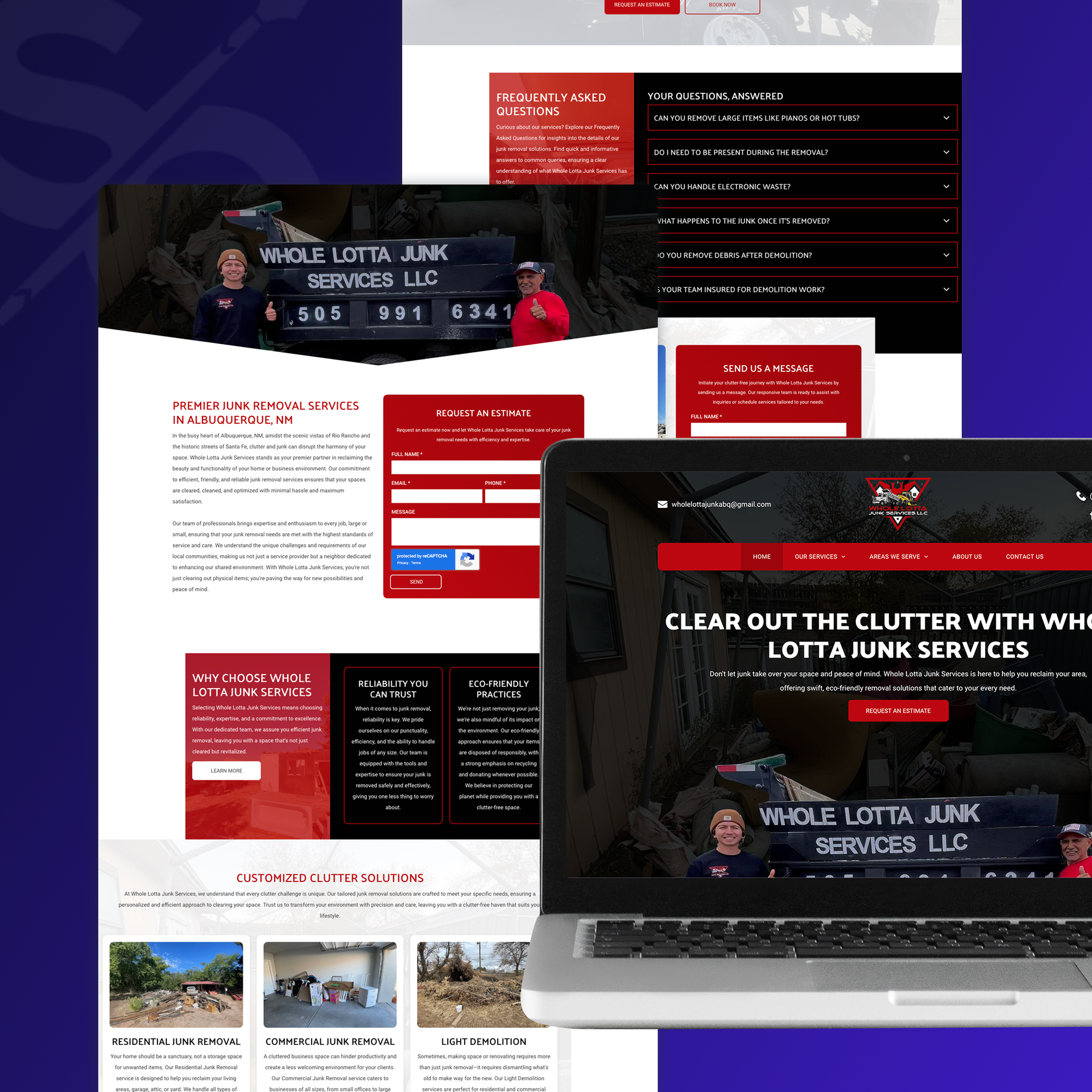 Website design mockup for Whole Lotta Junk Services, LLC, featuring website layouts on laptop and mobile devices.
