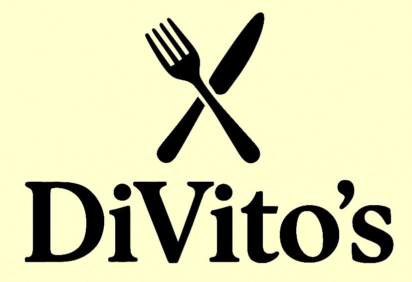 Logo for DiVito's restaurant, black crossed fork and knife over the name "DiVito's" in black text.