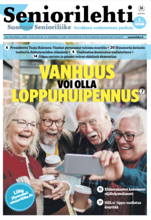 Senior-lehden kannessa on kuva onnellisista senioreista, jotka ottavat selfien. Tekstissä lukee: 