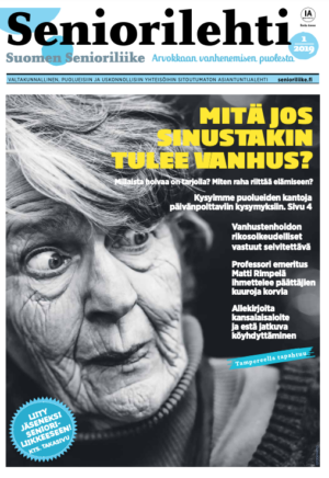 Seniorilehden etusivu, jossa lähikuva iäkkään ihmisen kasvoista. Otsikko: 