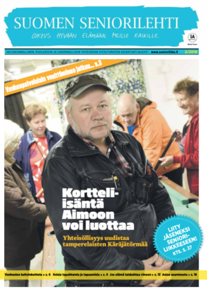 Cover of Suomen Seniorilehti magazine with a man in a black jacket and others, title: 