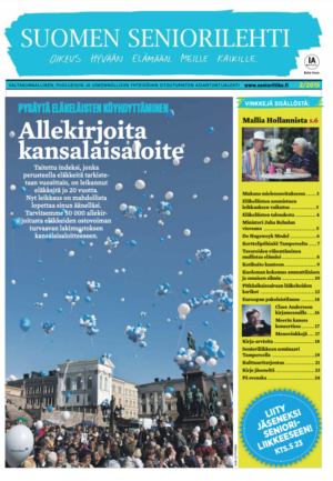 Suomen Seniorilehden kansi: Ihmiset kokoontuivat aukiolle sinisen taivaan alle ilmapallojen kanssa.