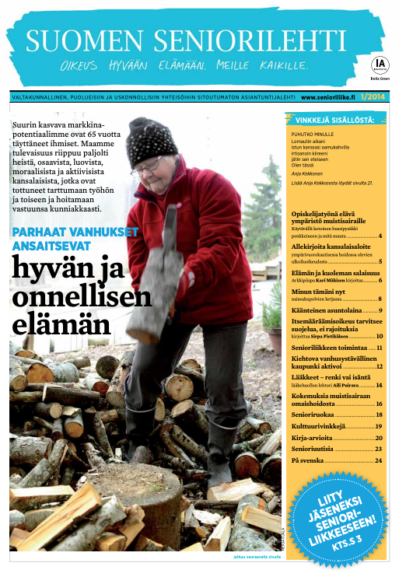 Suomalaisen seniorilehden etukansi. Punatakkinen nainen pinoaa polttopuita lumisissa ulkomaisemissa.