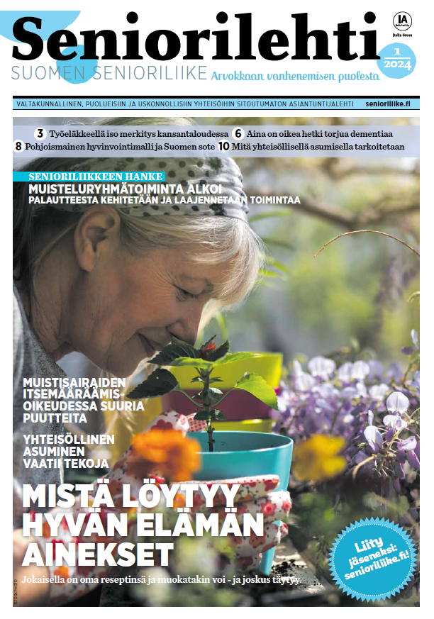 Seniorilehden kannessa iäkäs nainen haistelee ruukkukasvia. Tekstissä on maininta 