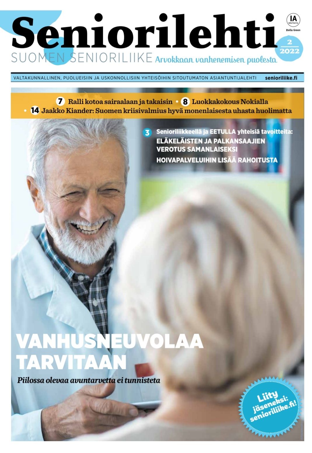 Lehden kannessa lääkäri keskustelee potilaan kanssa. Otsikko kuuluu 