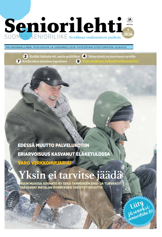 Seniorilehden kansi: lähikuva iäkkäästä pariskunnasta, otsikoita terveydenhuollosta, veroista ja säästämisestä.